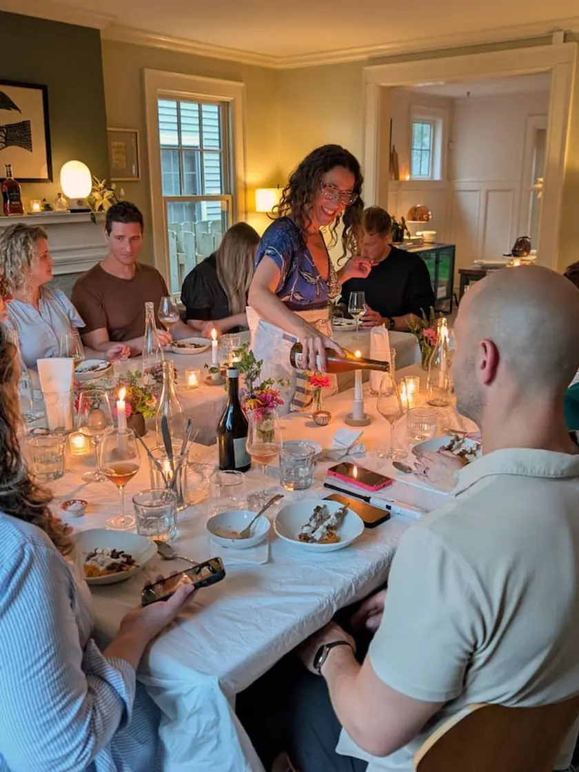 Un grupo de amigos alrededor de la mesa larga de un sarao, con velas encendidas y Gaby sirviendo vino