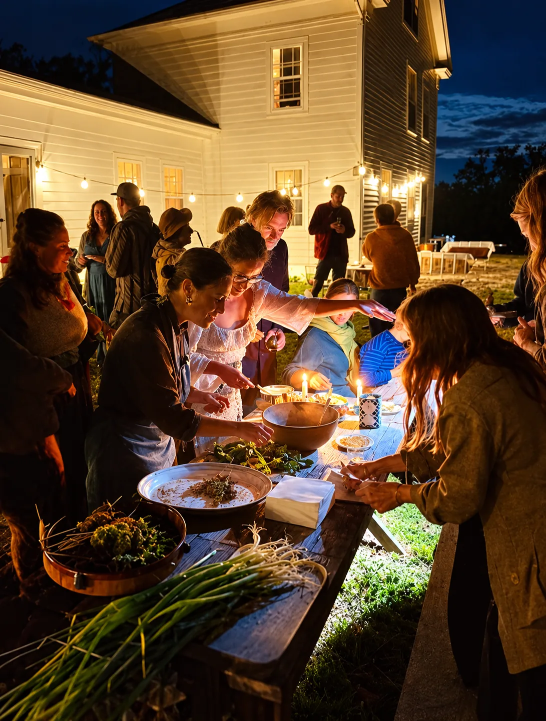 Mesa larga al aire libre de noche, con guirnaldas encendidas y gente sirviéndose